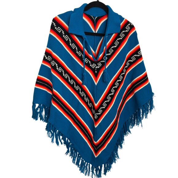 Chevron Aztec Pattern Knit Poncho With Fringe Hem - Picture 1 of 3